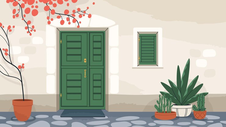 Vecteur extérieur de la maison avec porte d'entrée et fenêtre avec volets fermés. mur de la maison avec porte, tapis et plantes en pot. façade de l'immeuble d'habitation. illustration vectorielle plane colorée de l'entrée.