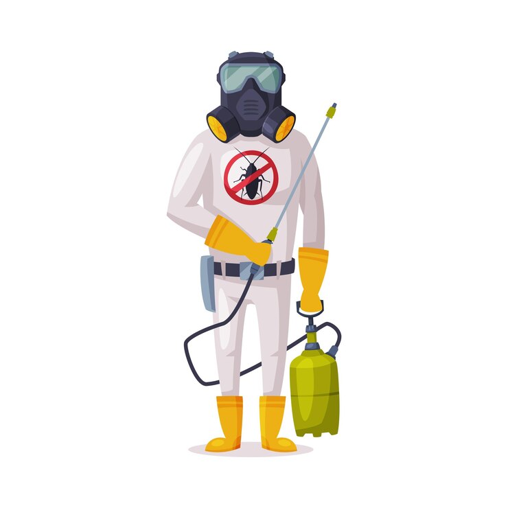 Vecteur exterminateur portant un uniforme de protection et un masque à gaz avec pulvérisateur à pression travailleur masculin du service de lutte contre les ravageurs illustration vectorielle
