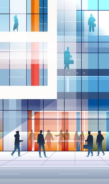 Façade d'un immeuble de bureaux avec des silhouettes de personnes architecture moderne fenêtres en verre scène urbaine arrière-plan abstrait coloré