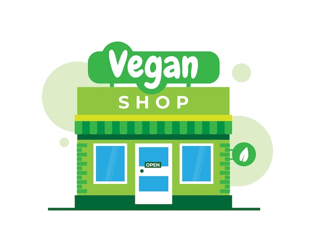 Vecteur façade de vegan shop green bio food storefront market building template concept pour la publicité et les ventes du site web