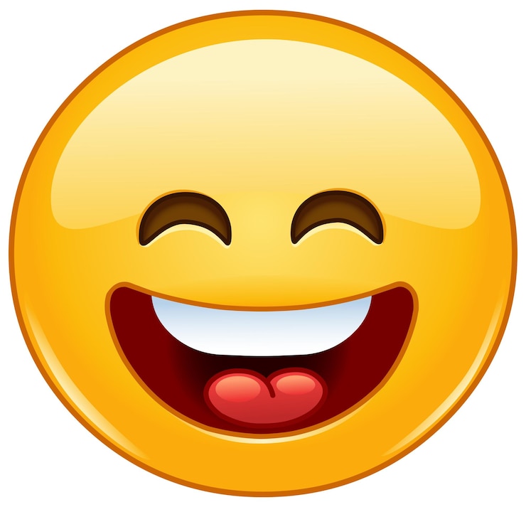Vecteur face émoticonique souriante avec la bouche ouverte et les yeux souriants