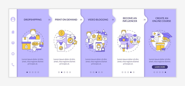 Façons de générer de l'argent en ligne modèle de vecteur d'intégration. Site Web mobile réactif avec icônes. Page Web pas à pas en 5 étapes. Devenez un concept de couleur d'influence avec des illustrations linéaires