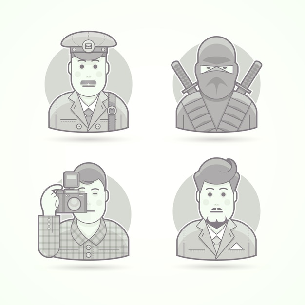 Facteur, Guerrier Ninja, Photographe, Icônes D'homme D'affaires. Ensemble D'illustrations De Portrait De Personnage. Style Décrit En Noir Et Blanc.