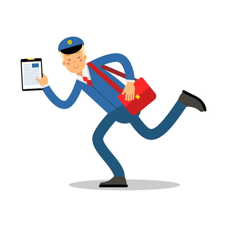 Vecteur facteur en uniforme bleu avec sac rouge et presse-papiers exécutant le personnage de dessin animé, vecteur de courrier de livraison express illustration isolée sur fond blanc