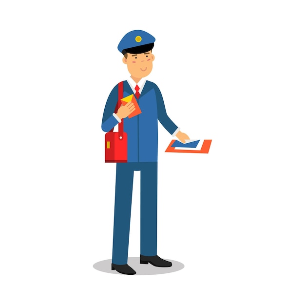 Facteur en uniforme bleu avec sac rouge tenant le personnage de dessin animé de lettres, vecteur de courrier de livraison express Illustration isolée sur fond blanc