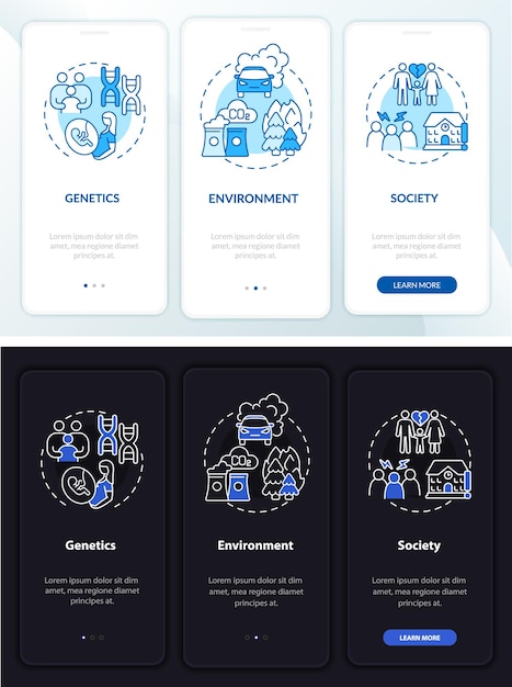 Facteurs De Risque Pour L'écran De La Page De L'application Mobile D'intégration Du Tdah. Procédure Pas à Pas Pour L'environnement Instructions Graphiques En 3 étapes Avec Des Concepts. Modèle Vectoriel Ui, Ux, Gui Avec Illustrations Linéaires En Mode Jour Et Nuit