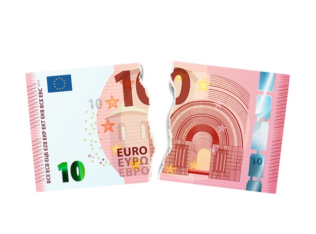 Vecteur factice réaliste de dix billets en euros déchirés en deux morceaux sur blanc