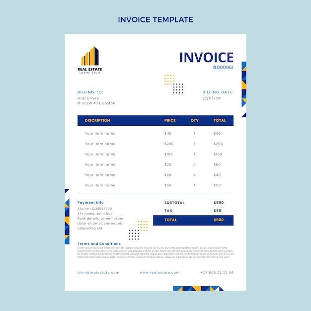Vecteur facture immobilière géométrique design plat
