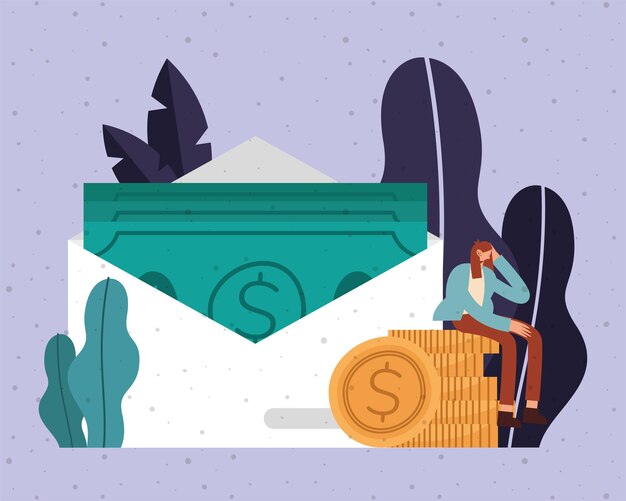 Factures en pièces de monnaie d'enveloppe et dessin animé de femme d'argent financier affaires bancaires commerce et illustration de thème de marché