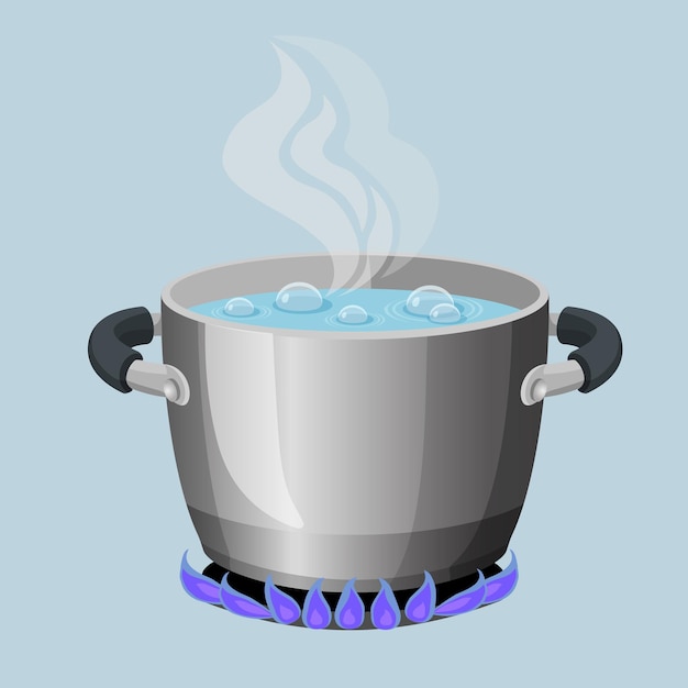 Vecteur faire bouillir de l'eau dans un pot en aluminium sur une illustration vectorielle réaliste de flamme de gaz. flux des ustensiles de cuisine ouverts de la soupe bouillie sur la cuisinière