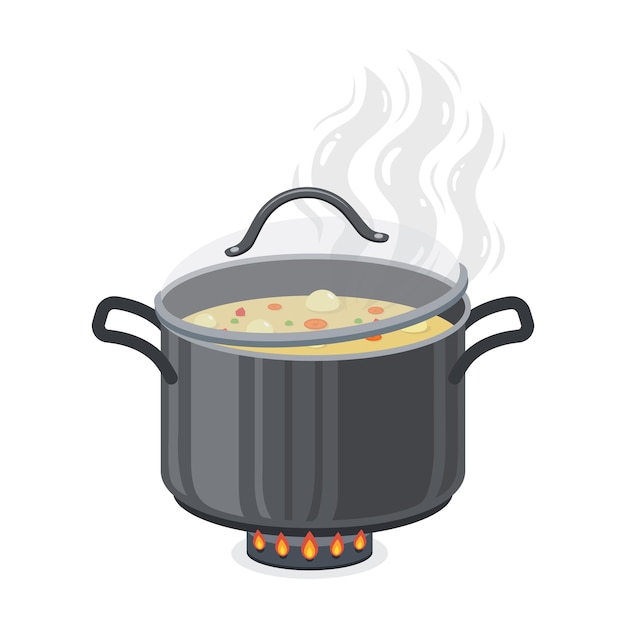 Faire bouillir la soupe dans une casserole avec couvercle ouvert Illustration vectorielle