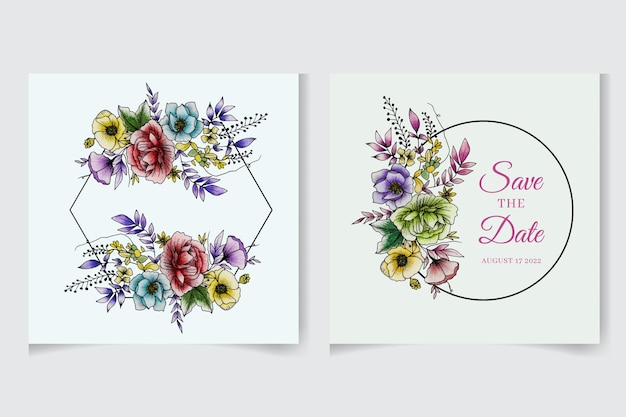 Faire-part De Mariage Cadre Floral Aquarelle Avec Feuilles Vertes Fleurs Branches Tissu Invite