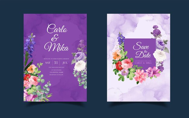 Faire-part De Mariage Violet Avec Un Fond Violet Et Des Fleurs Violettes.