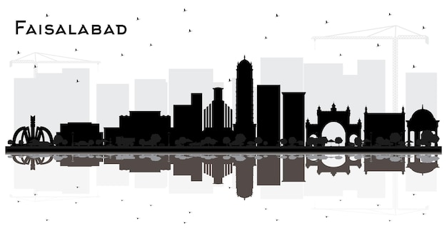 Faisalabad Pakistan City Skyline Silhouette avec bâtiments noirs et reflets isolés sur blanc