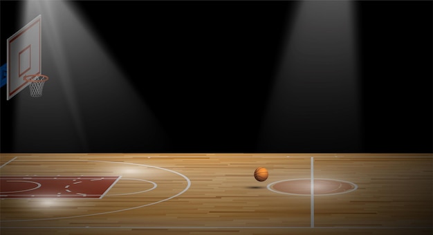 un faisceau lumineux illumine le terrain de basket-ball sportif avec un cerceau et une balle pour le fond de bannière pour la compétition