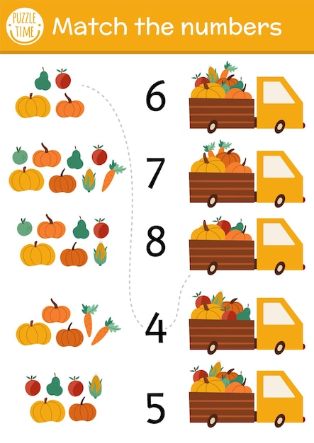 Faites Correspondre Le Jeu De Nombres Avec La Camionnette Et La Récolte Activité Mathématique De La Ferme D'automne Pour Les Enfants D'âge Préscolaire Avec Des Légumes Et Des Fruits Mignons Feuille De Calcul éducative à Imprimer Pour Les Enfantsxa