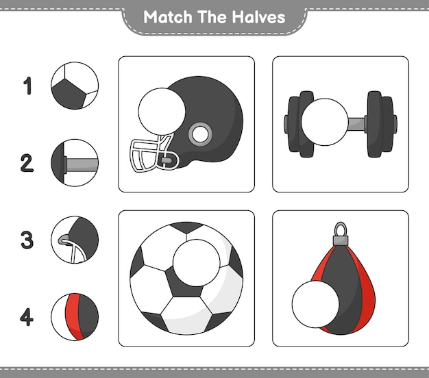 Faites Correspondre Les Moitiés. Faites Correspondre Les Moitiés Du Ballon De Football, Du Casque De Football, De L'haltère Et Du Sac De Frappe. Jeu éducatif Pour Enfants, Feuille De Calcul Imprimable, Illustration Vectorielle