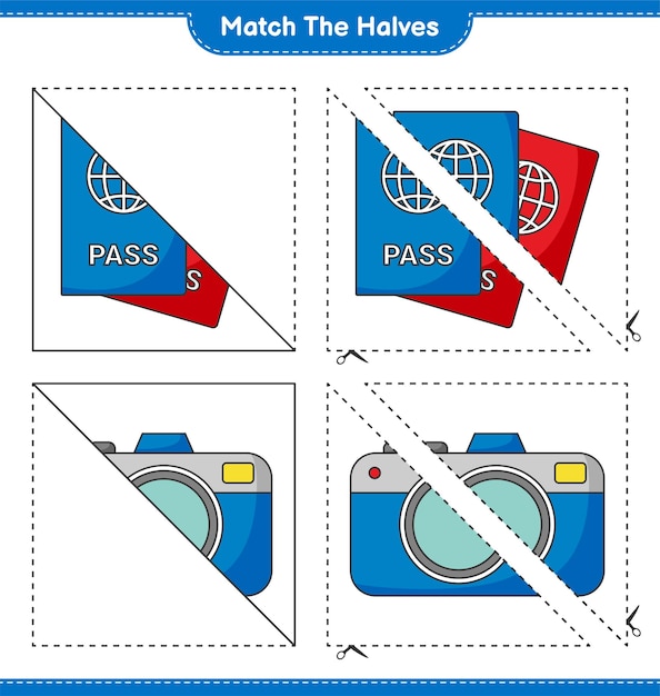 Faites correspondre les moitiés Faites correspondre les moitiés du passeport et de l'appareil photo Jeu éducatif pour enfants