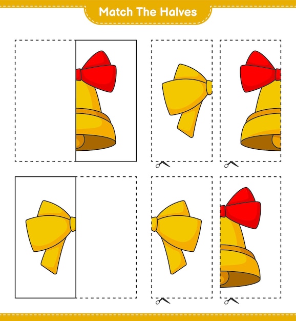 Faites correspondre les moitiés Faites correspondre les moitiés du ruban et de la cloche de Noël Jeu éducatif pour enfants feuille de calcul imprimable illustration vectorielle