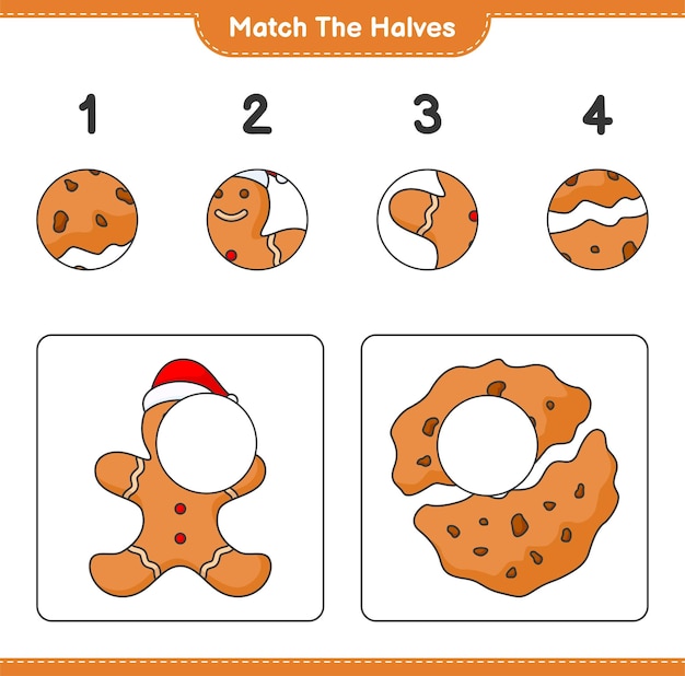 Faites Correspondre Les Moitiés Faites Correspondre Les Moitiés De Gingerbread Man And Cookies Jeu éducatif Pour Enfants Feuille De Calcul Imprimable Illustration Vectorielle