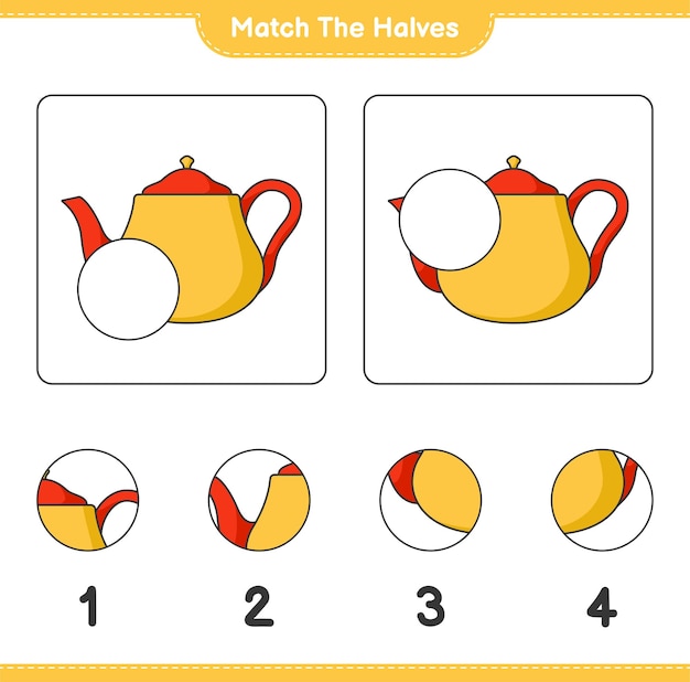 Faites correspondre les moitiés. Faites correspondre les moitiés de la théière. Jeu éducatif pour enfants, feuille de calcul imprimable, illustration vectorielle