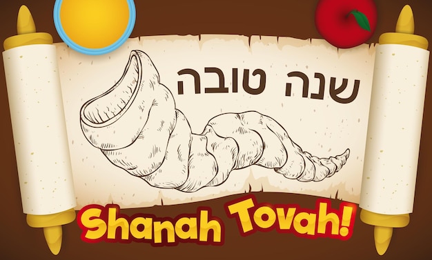 Faites Défiler Avec Une Corne De Shofar Dessinée à La Main, Une Pomme Et Du Miel Pour Roch Hachana Avec Les Salutations De Shanah Tovah