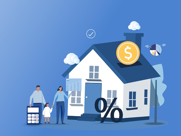 Famille achetant une maison avec hypothèque et payant un crédit à la banque Les gens investissent de l'argent dans la propriété immobilière Prêt de maison loyer et hypothèque Concept illustration vectorielle