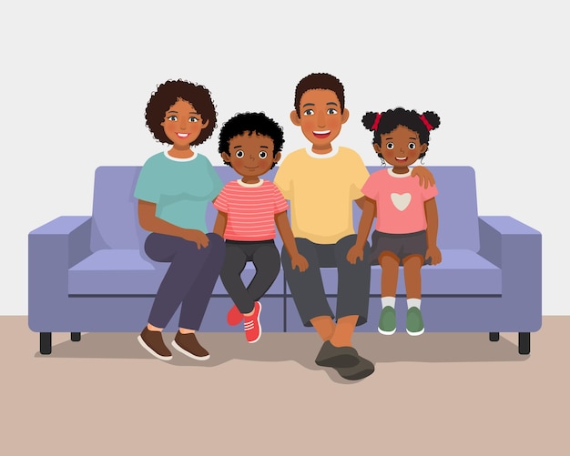 Vecteur une famille africaine heureuse assise ensemble sur le canapé.