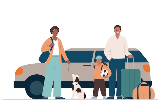 Famille Afro-américaine Avec Bagages Et Chien Près De La Voiture Jeune Famille Avec Enfant Part En Voyage En Voiture