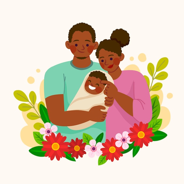 Vecteur famille afro-américaine dessinée à la main avec un bébé