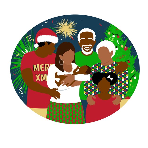 Vecteur une famille afro-américaine heureuse célèbre les vacances de noël nouvel an et joyeuse fête de noël à la maison grand-père grand-mère avec enfants fond d'arbre de feux d'artifice