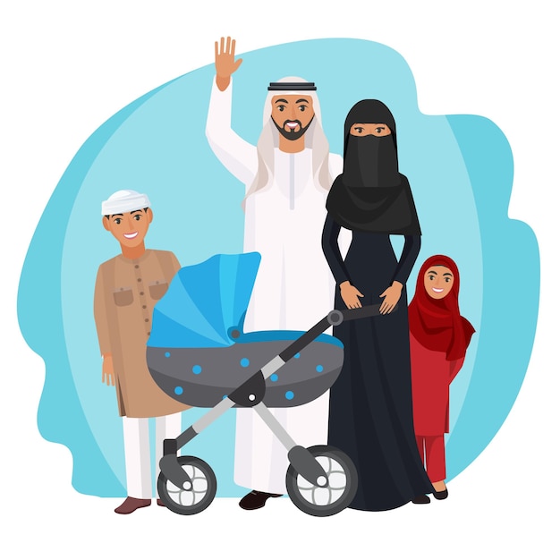 La famille arabe amicale se tient ensemble. Mari en robe blanche agite la main, femme en robe noire et abaya, petits enfants et illustration vectorielle de chariot pour bébé