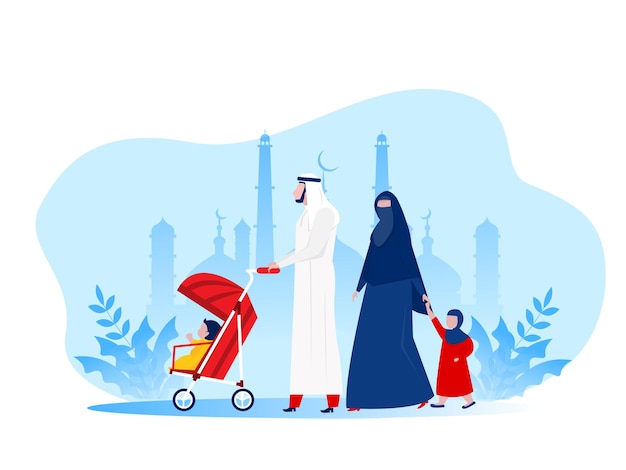 Famille Arabe Musulmane Marchant Dans Le Parc Kid, Illustration Plate De Personnages De Dessins Animés.