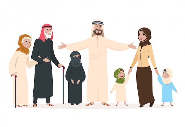 Famille Arabe. Père Et Mère Musulmans, Enfants Heureux Et Personnes âgées. Personnages De Dessins Animés De L'islam Saoudien