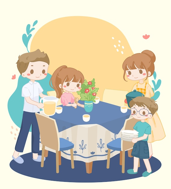Vecteur famille arrangeant la table à manger