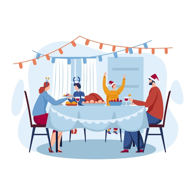 Famille assis sur table dîner personnes célébration noël bonne année vacances joyeux noël