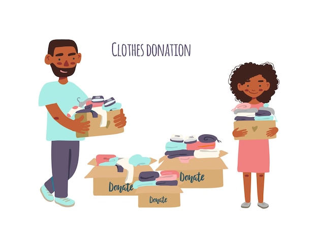 Famille Ou Bénévoles Tenant Des Boîtes En Carton Avec Des Vêtements à Donner Ou à Recycler.