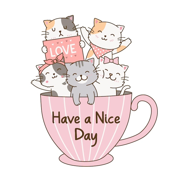 Famille De Chats Mignons Saluant Dans Une Tasse De Café Illustration De Dessin Animé Doodle Simple Dessinés à La Main