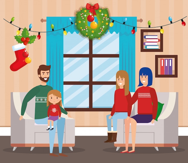 Famille Dans Le Salon Avec Décoration De Noël