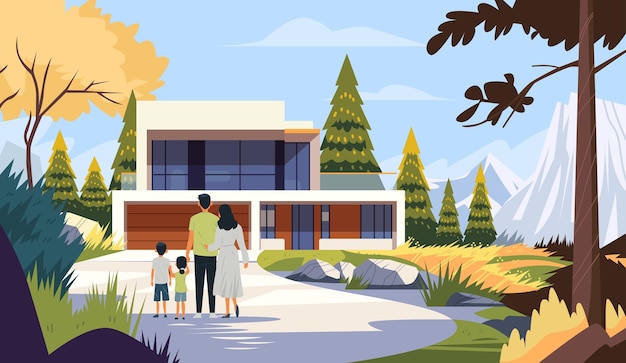 Famille debout à l'extérieur de la maison moderne scène naturelle arbres montagnes paysage