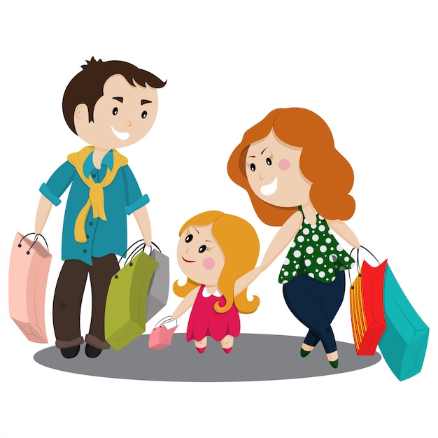 Famille De Dessin Animé Mignon Shopping Avec Des Sacs