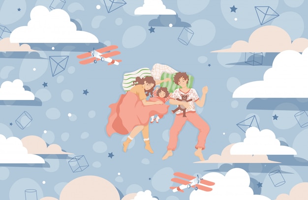 Famille Dormir Ensemble Sur Le Lit Et Rêver Illustration Plat. Une Famille Heureuse Passe Du Temps Ensemble.