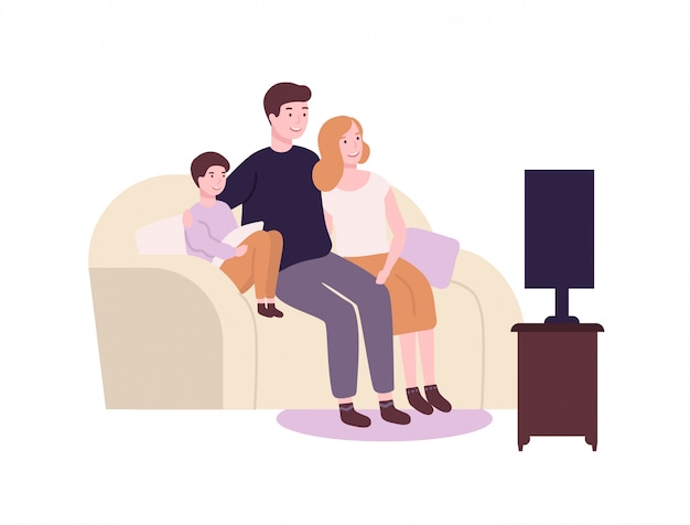 Famille Drôle Mignon Assis Sur Un Canapé Ou Un Canapé Et Regarder La Télévision, Un Film Ou Un Film. Adorable Mère, Père Et Fils Joyeux Qui Passent Du Temps Ensemble. Parents Et Enfant à La Maison. Illustration De Dessin Animé Plat.