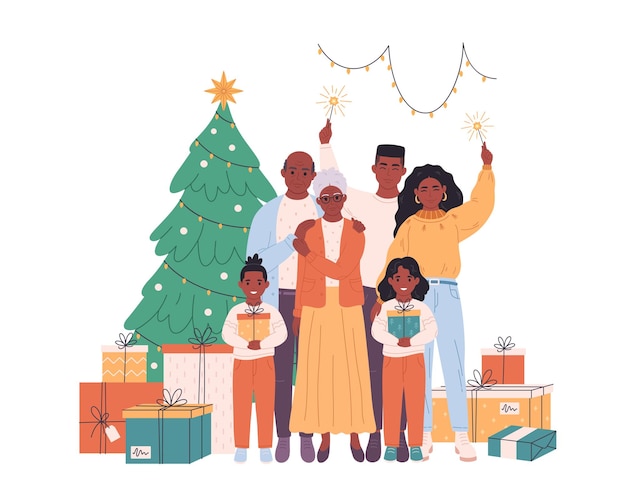 Vecteur famille avec enfants et grands-parents célébrant noël ou le nouvel an arbre de noël avec cadeau