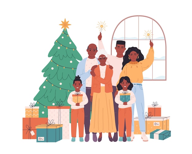 Vecteur famille avec enfants et grands-parents célébrant noël ou le nouvel an arbre de noël avec des cadeaux