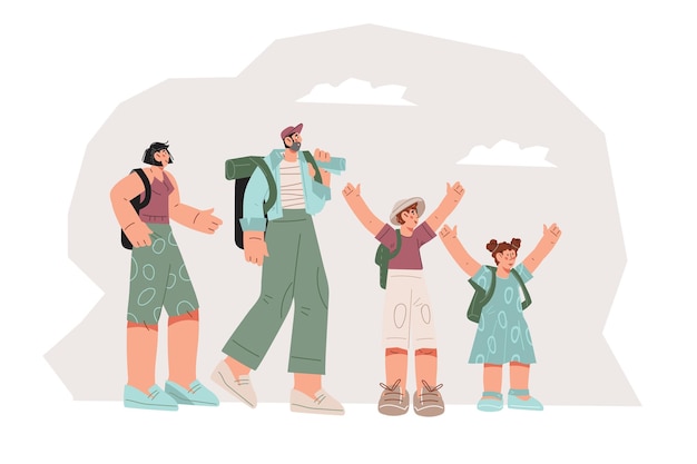 Famille avec enfants voyageant avec des sacs à dos plats vecteur isolé