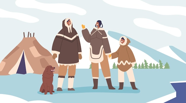 Une Famille Esquimau Enveloppée Dans Des Fourrures Chaudes Se Tient Près De Leur Yourte Traditionnelle Souriant Et Agitant Avec Joie Dans Le Paysage Arctique Immaculé Embrassant Leur Culture Unique Illustration Vectorielle De Personnes De Dessin Animé