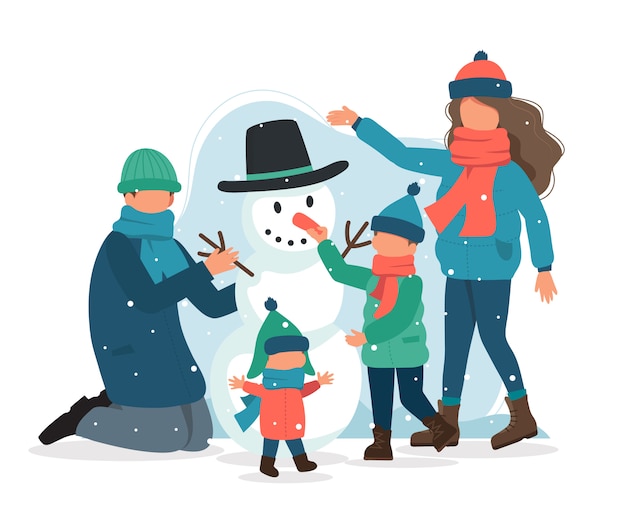 Vecteur famille faisant un bonhomme de neige en hiver.