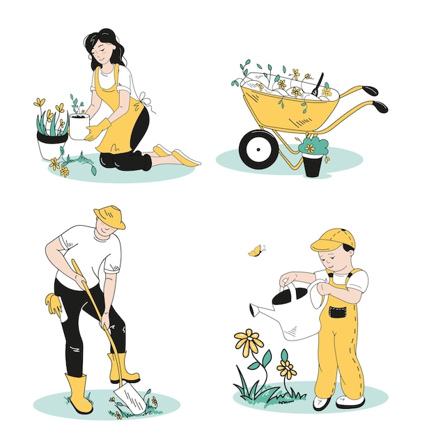 Vecteur la famille fait du jardinage. un ensemble de personnages dans différentes poses.
