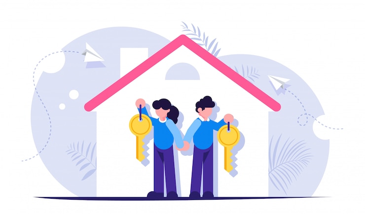Vecteur famille heureuse avec les clés d'une nouvelle maison. illustration sur le thème du prêt hypothécaire